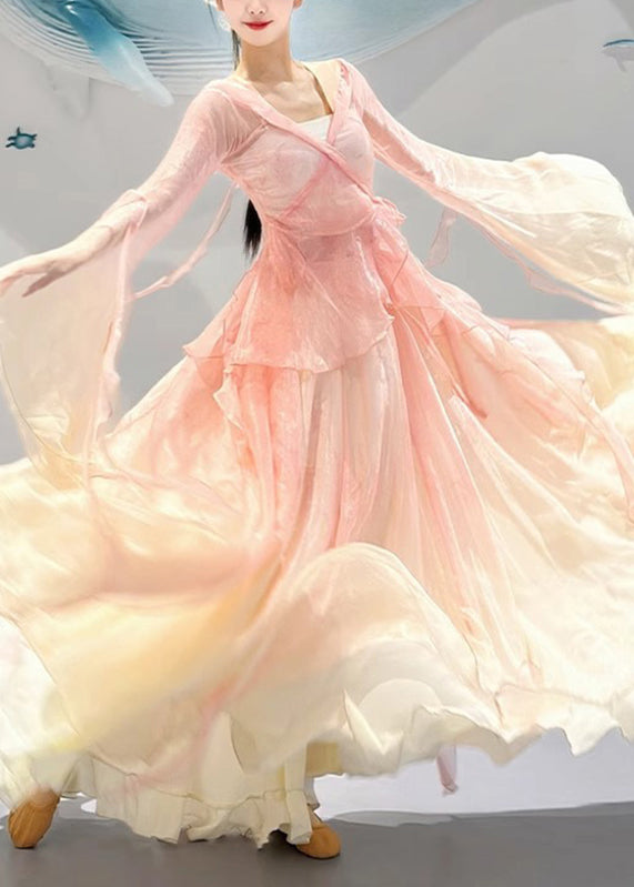 Robe deux pièces en soie rose foncé avec col en V et manches amples - EasyApparels