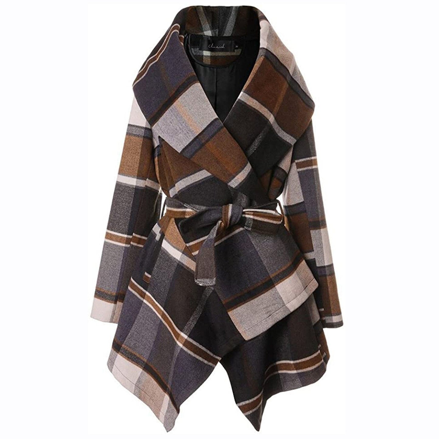 Manteau Carreaux Élégant Taille Cintrée avec Col Châle - PanierRoyale