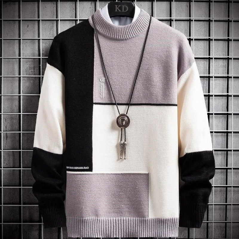 Pull Tricoté Patchwork Homme Confortable et Décontracté