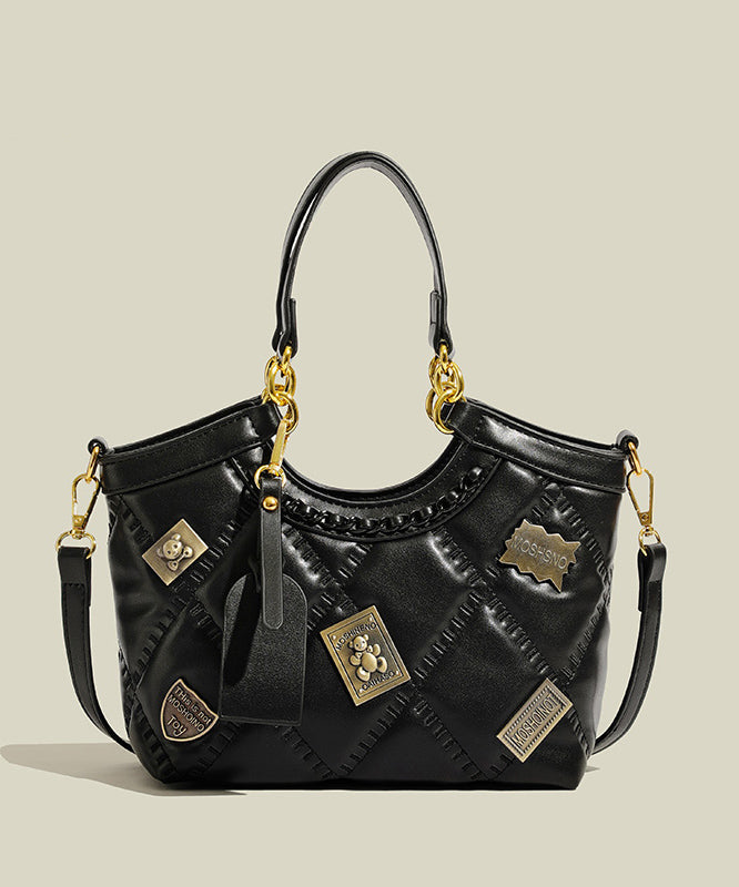 Grand sac à main en cuir noir avec feuilles de métal - EasyApparels