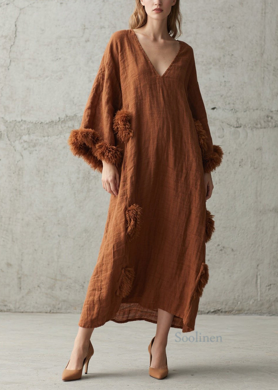 Robe en coton marron à col en V douce pour femme - EasyApparels