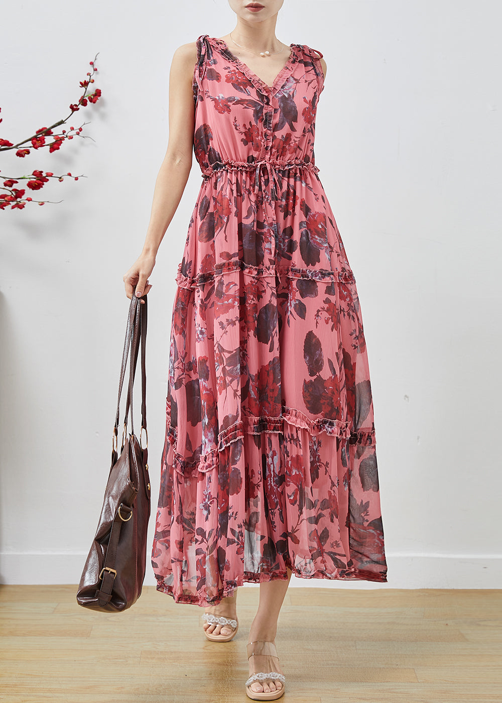 Luxueuse robe rouge en soie avec volants - EasyApparels