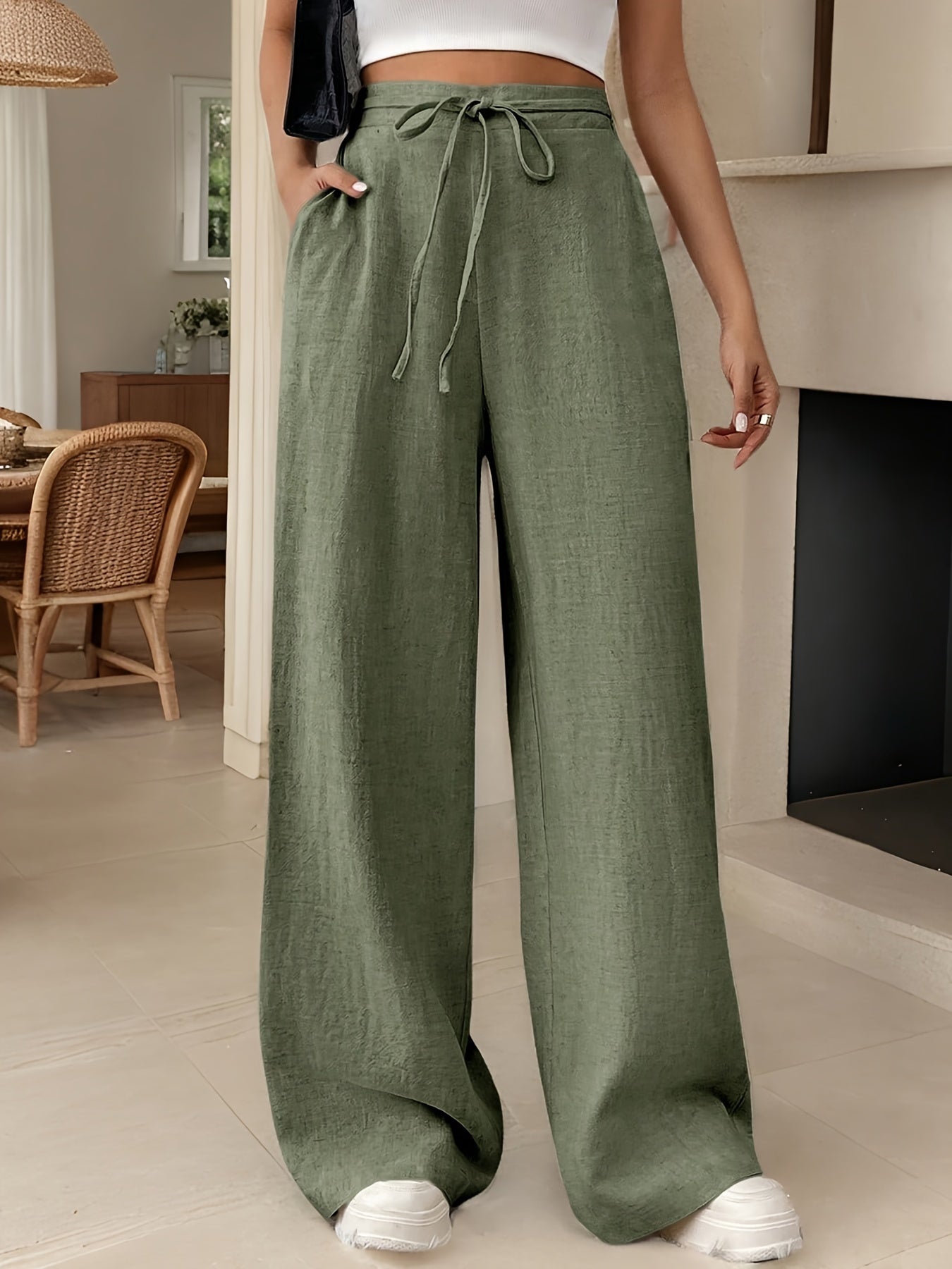 HauteZen™ – Pantalon Femme Taille Haute Large & Fluide, Confort Chic Été