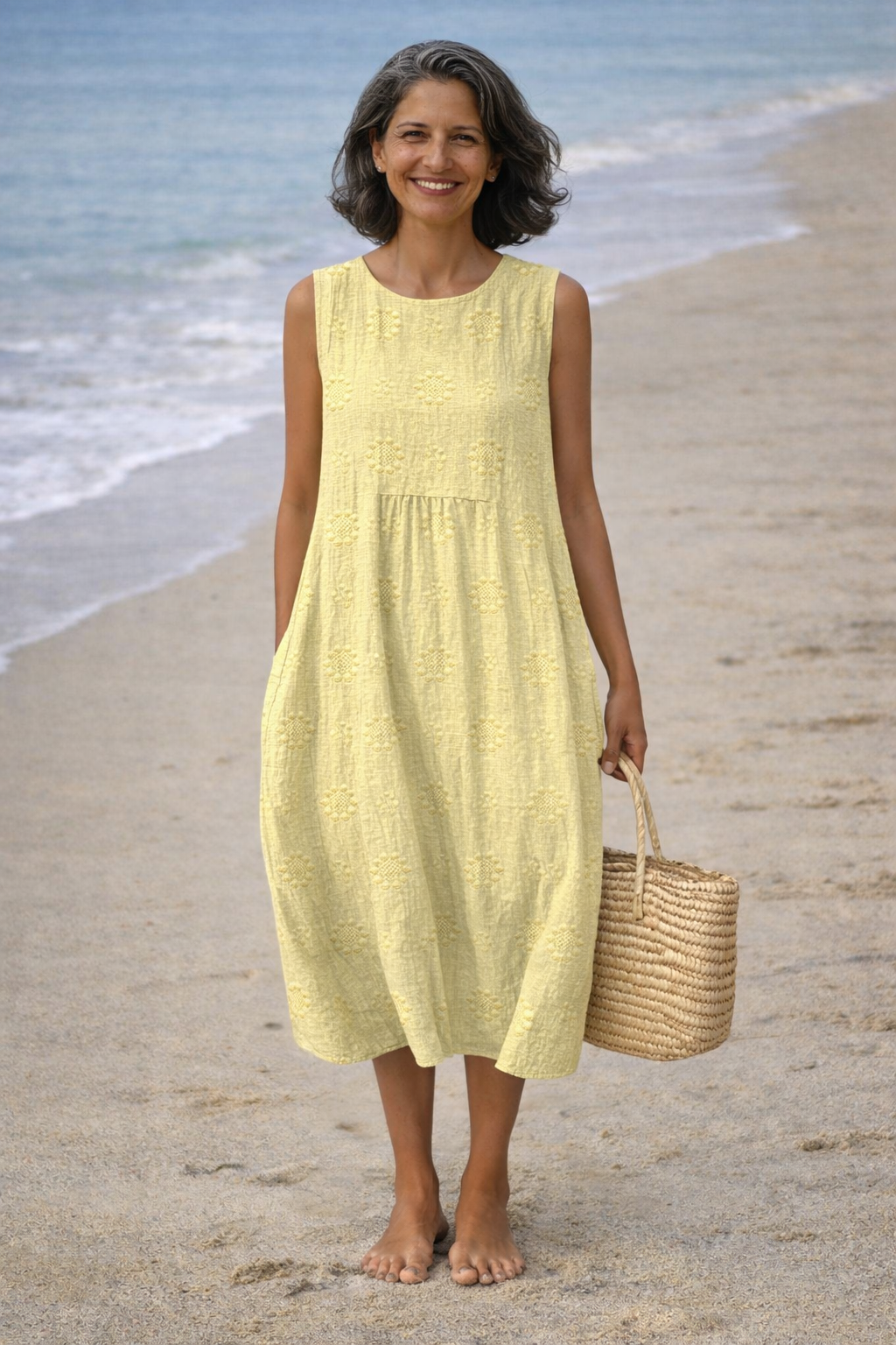 Robe midi Femme Broderie Sans Manches Poches