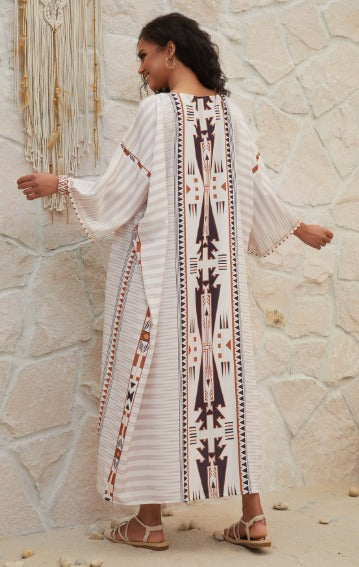 Kimono Bohème Long en Lin avec Broderies Féminines