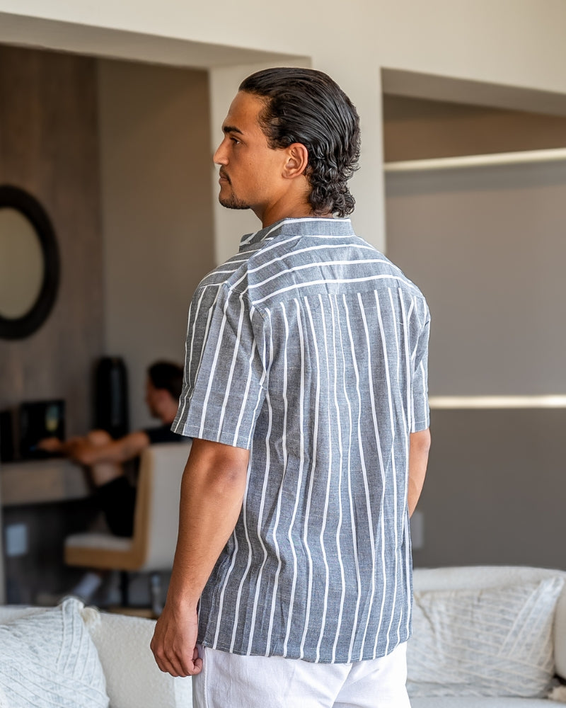 Chemise Homme Lin Coton Rayé Col Montant Été
