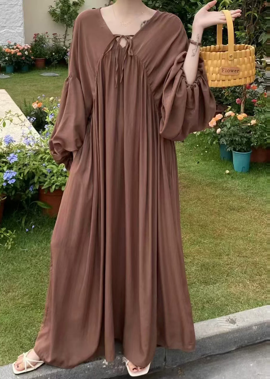 Grand peignoir décontracté en coton avec lacets et manches bouffantes - EasyApparels