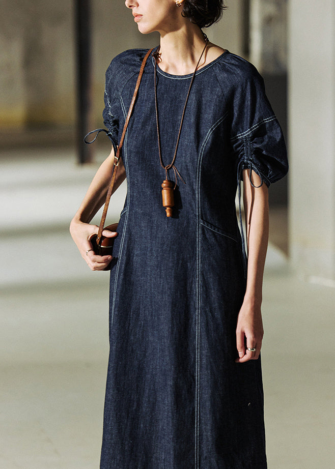Léger robe denim bleu marine italienne avec col rond - EasyApparels