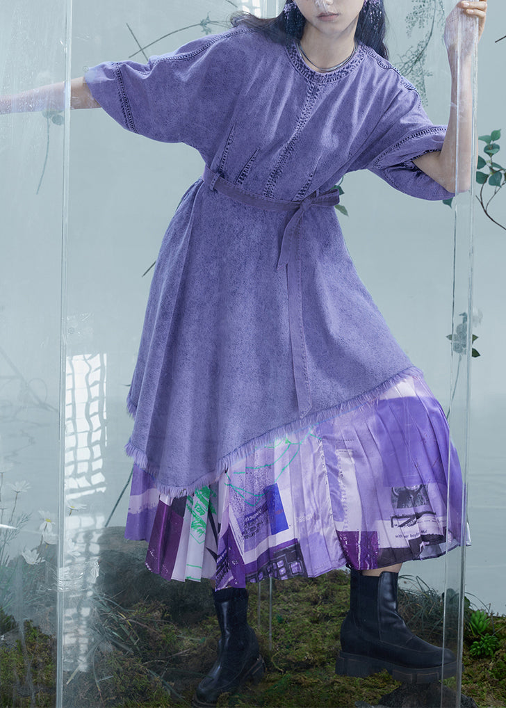 Violet Italian Denim Patchwork Asymmetrical Sleeve Robe - EasyApparels