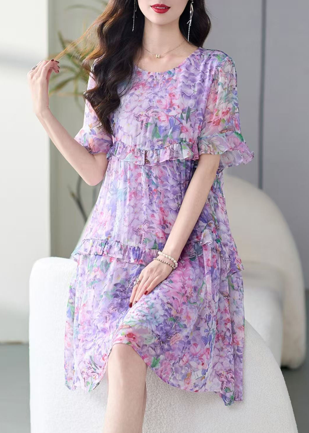Léger Kimono d'été en soie imprimé lilas - EasyApparels