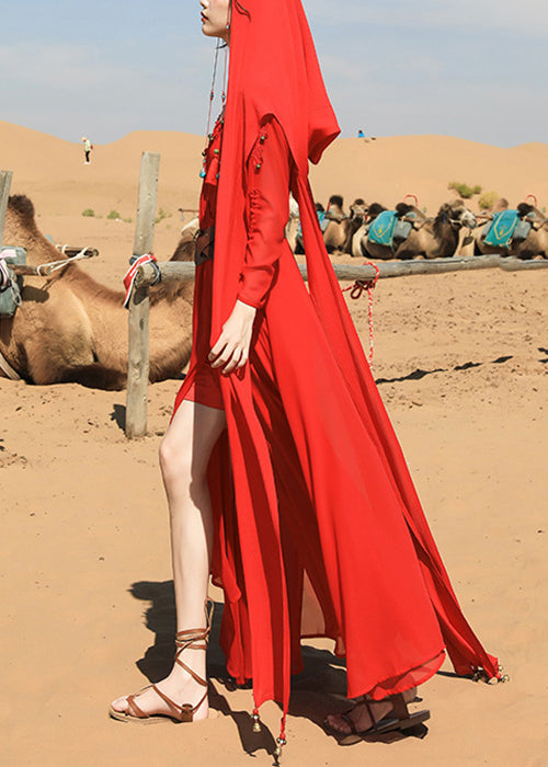 Robe rouge italienne en soie douce à col V et détails perlés pour femme - EasyApparels