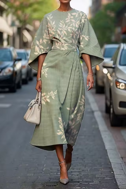 Robe Midi Femme Tissu Fluide Manches Longues Coupe Évasée