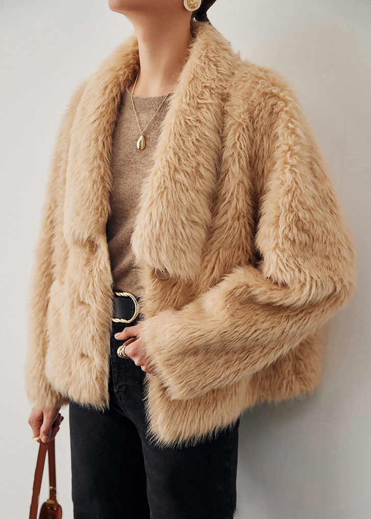Manteau hivernal en laine beige épais aux poches - EasyApparels