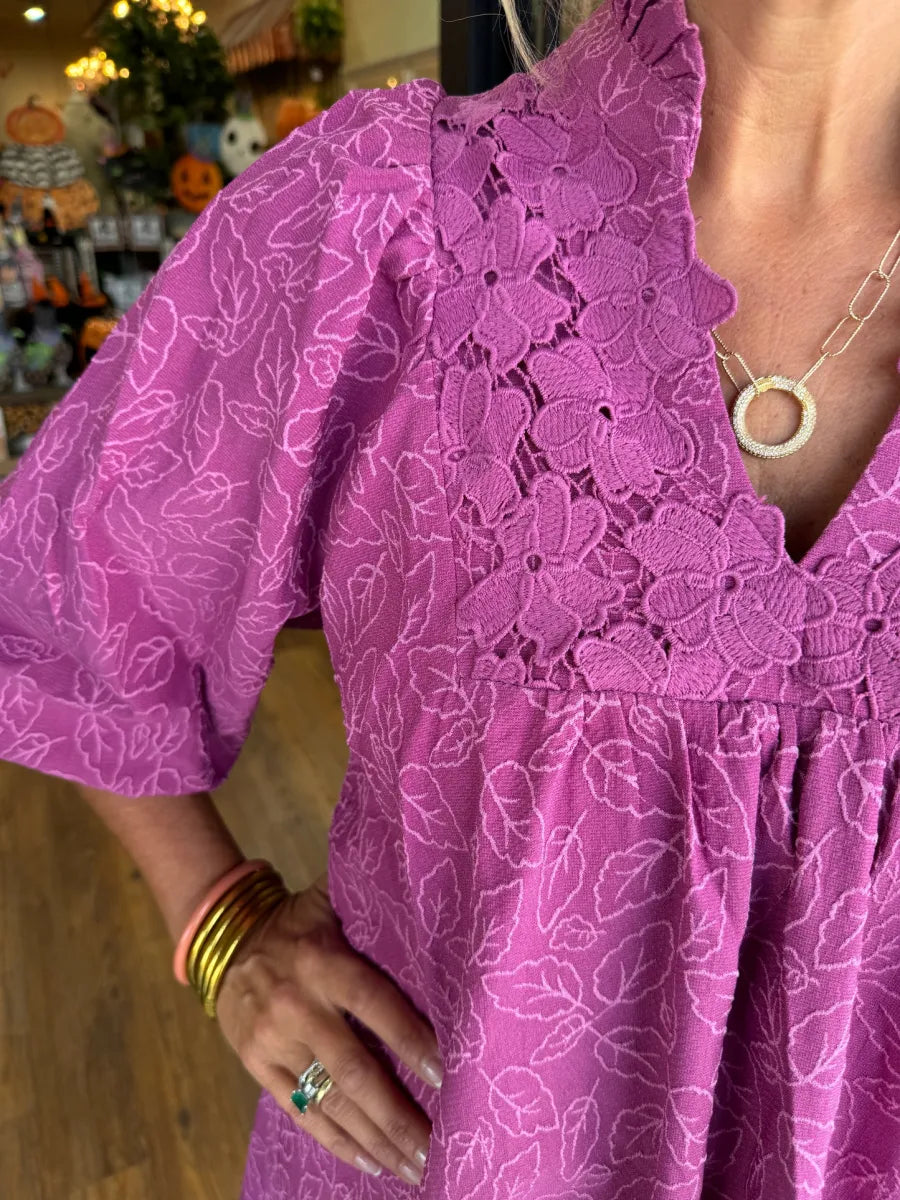 Robe Courte Femme Jacquard Col V Manches Bouffantes