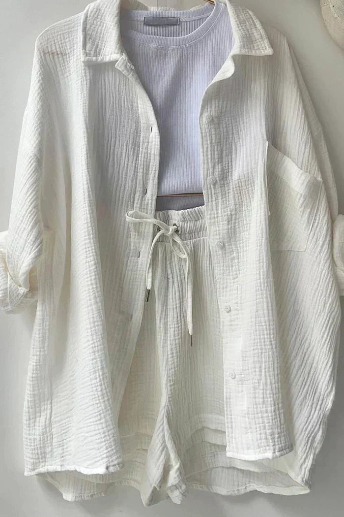 Ensemble Décontracté Femme 2 Pièces - Chemise Oversize et Shorts en Mousseline