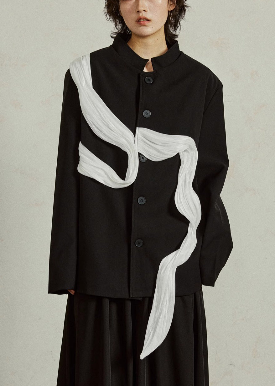 Manteau noir élastique à col montant pour automne - EasyApparels