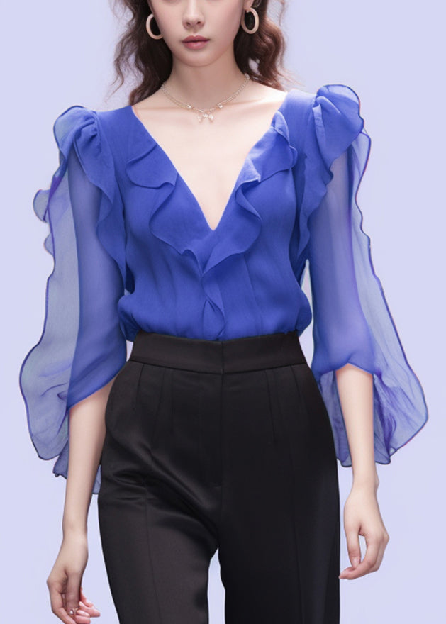 Femme Grande Chemise soie bleu décolleté V - EasyApparels