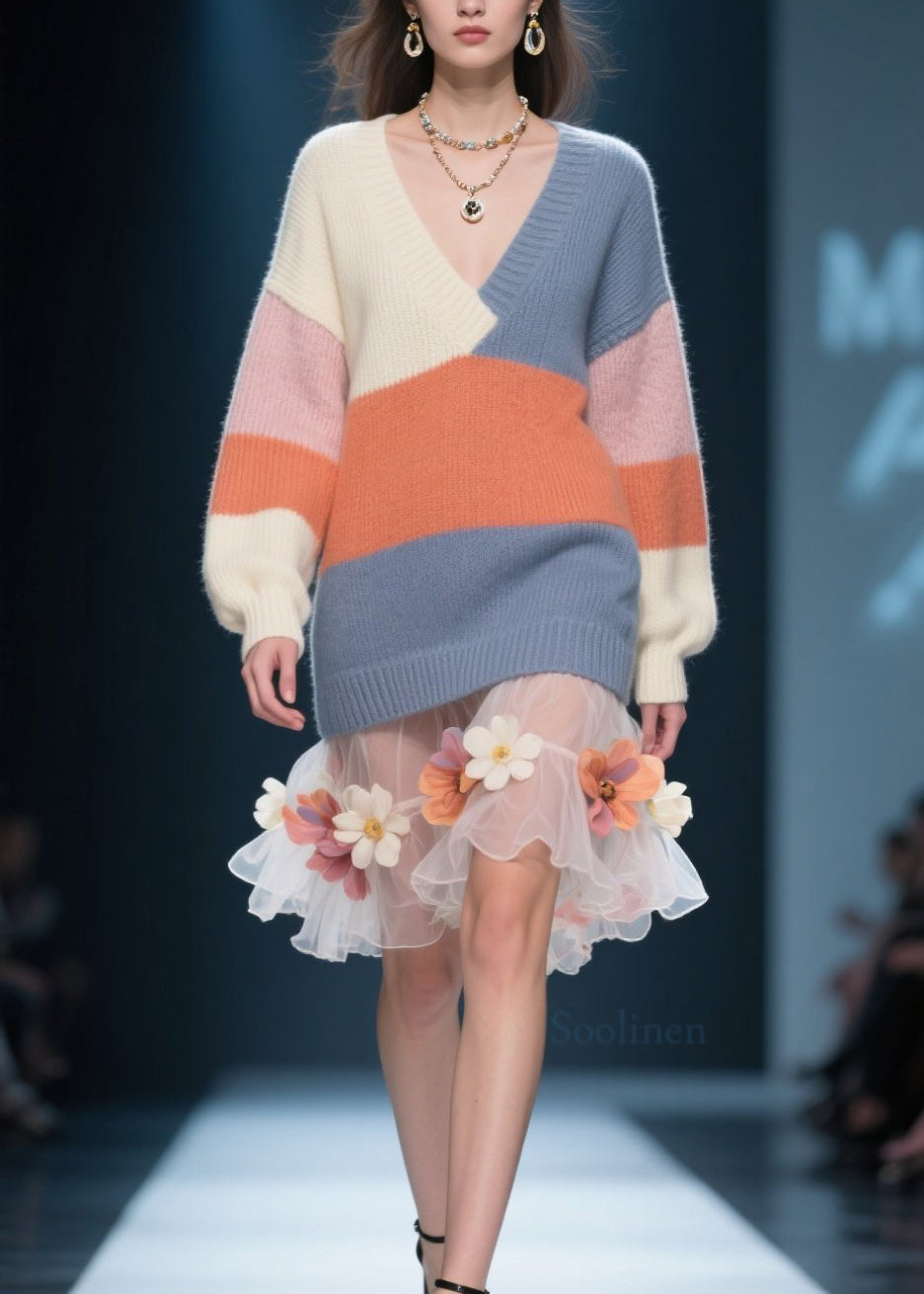 Pull confortable à col en V et motifs de couleurs automnales - EasyApparels