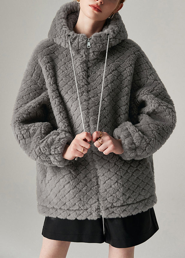 Manteau d'hiver chaud en laine gris épais à capuche - EasyApparels