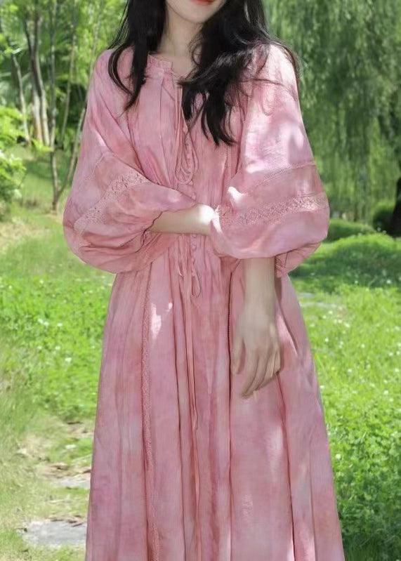 Robe en coton rose douce avec volants et lacets - EasyApparels