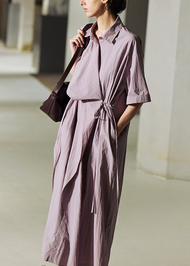 Robe d'été en coton violet avec lacets et col rond - EasyApparels