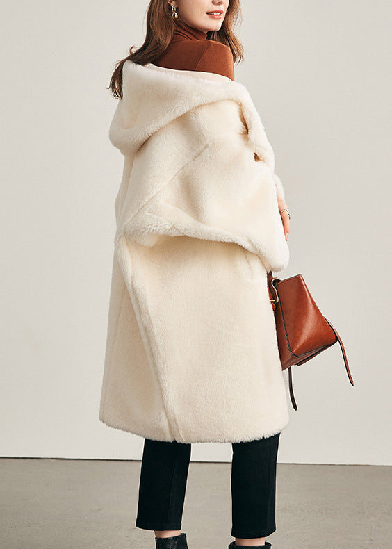 Gros manteaux d'hiver en laine blanche à capuche et poches - EasyApparels