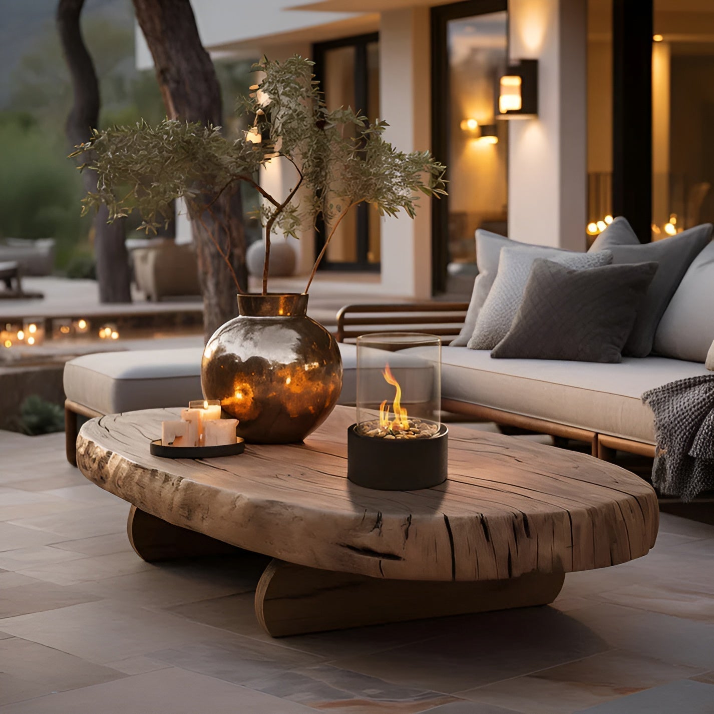 Table basse extérieure en bois avec feu de cheminée intégré - PanierRoyale