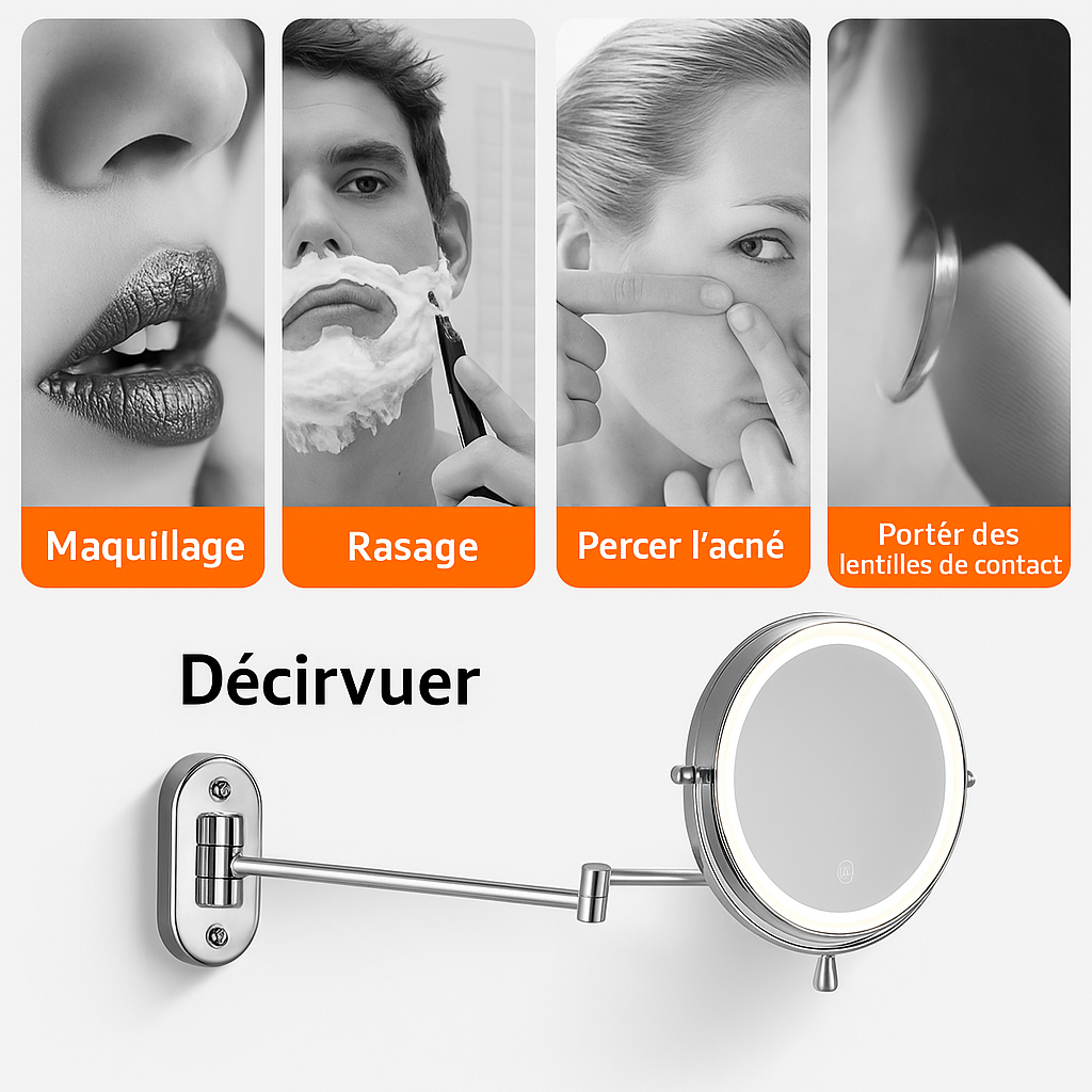 LumiReflex™ – Miroir Grossissant LED Rechargeable Salle de Bain & Maquillage
