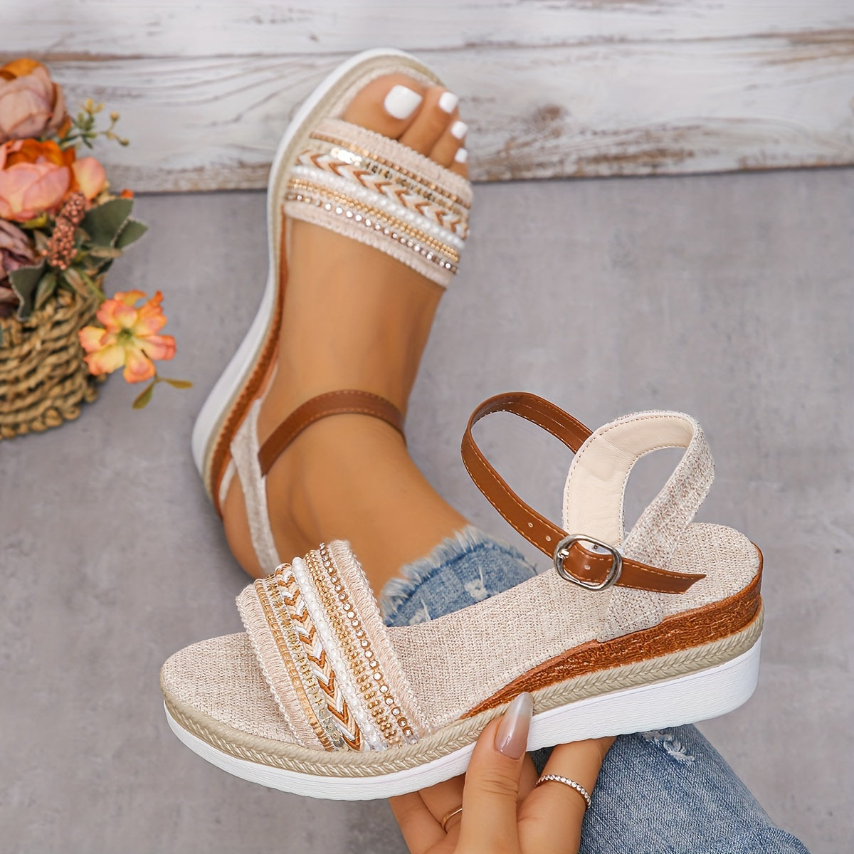 Lunaria™ – Sandales Femmes Confortables à Talon Compensé avec Strass Chic Été