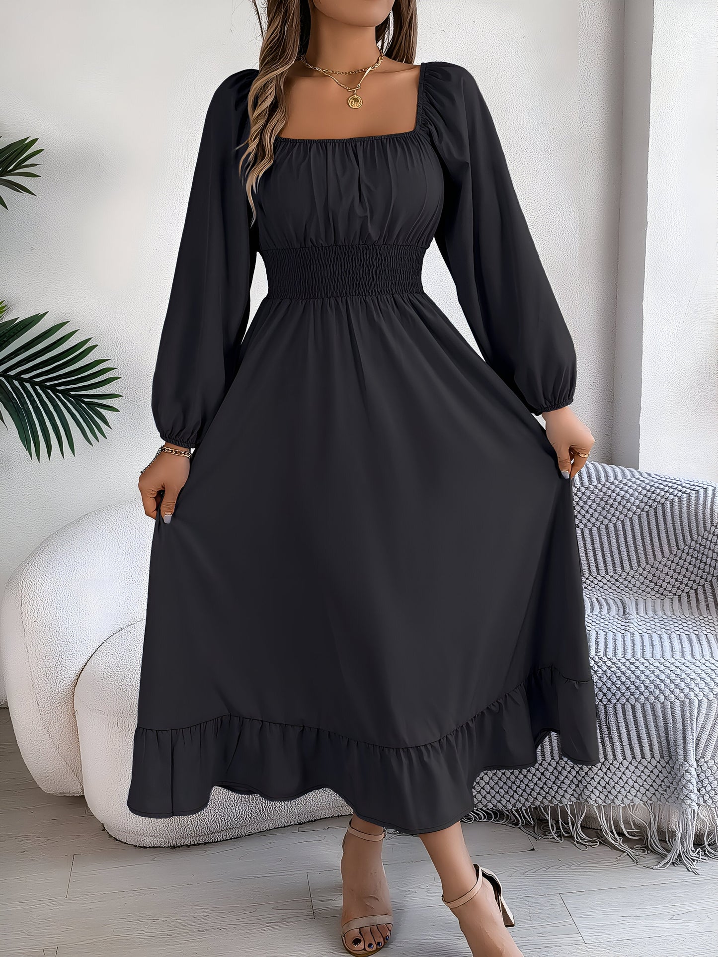 Robe femme bleu marine élégante manches longues