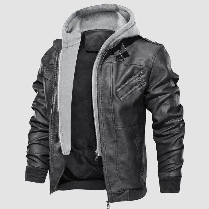 Veste en cuir végétal noir avec capuche ajustable
