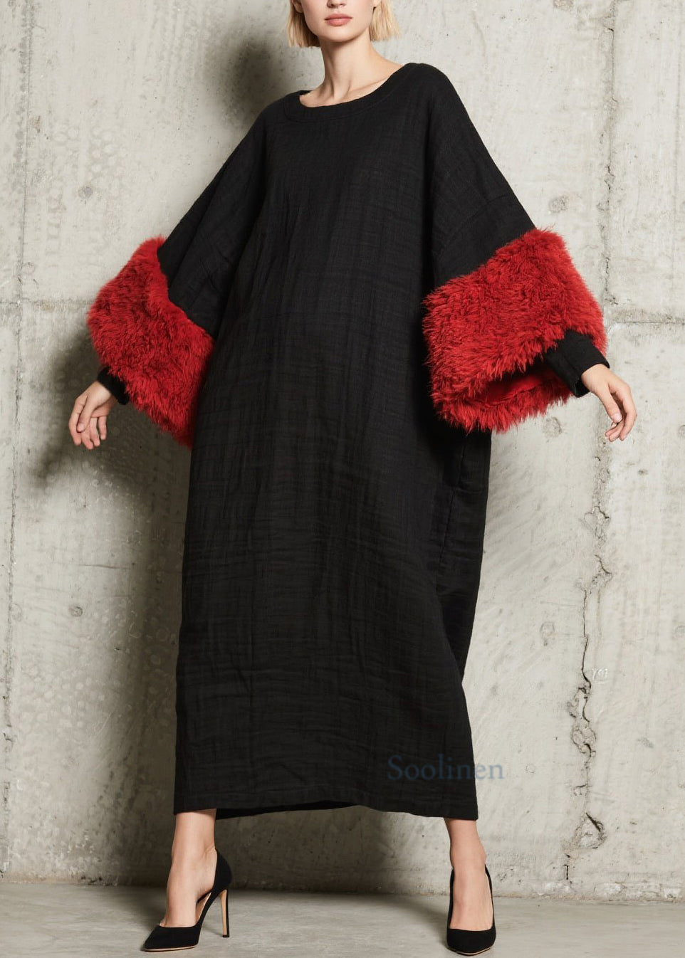 Robe patchwork coton noir hiver douce et chaude à col rond - EasyApparels