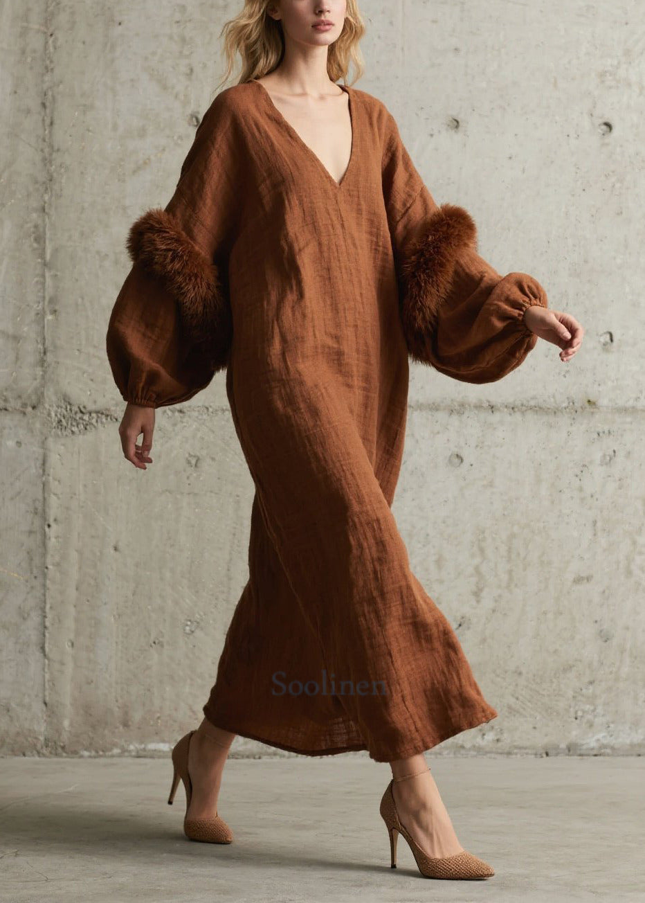Manteau de luxe en faux fur brun avec col V et manches bouffantes - EasyApparels