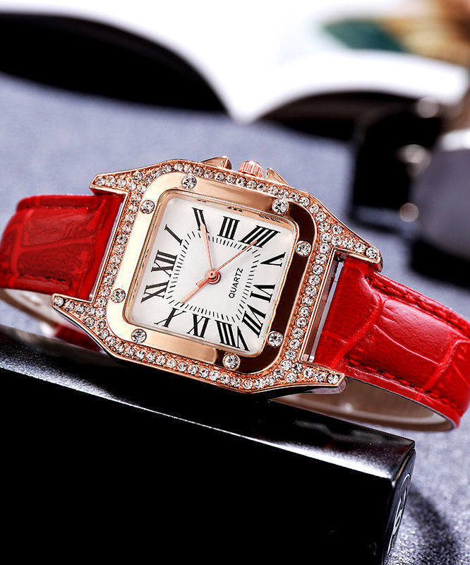 Montres élégantes à quartz avec strass en cuir rouge - EasyApparels