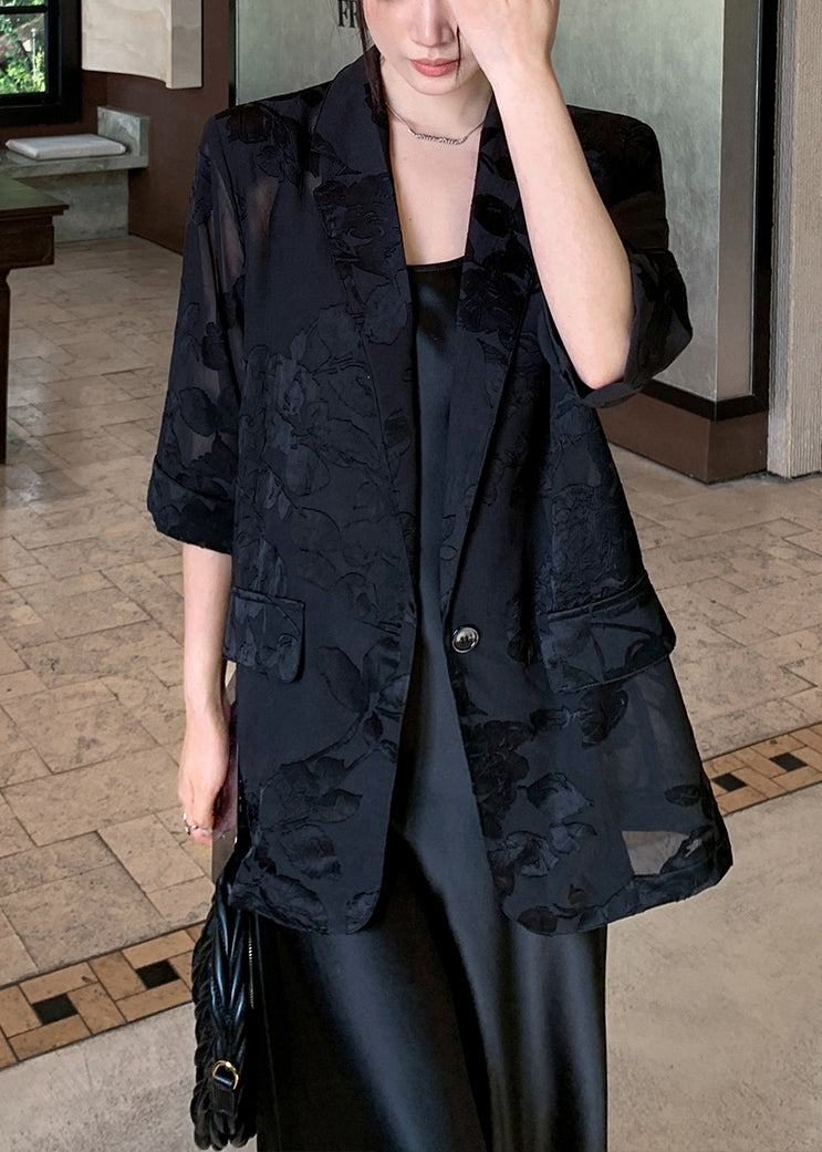 Élégant manteau en soie noir avec poches et manches courtes - EasyApparels