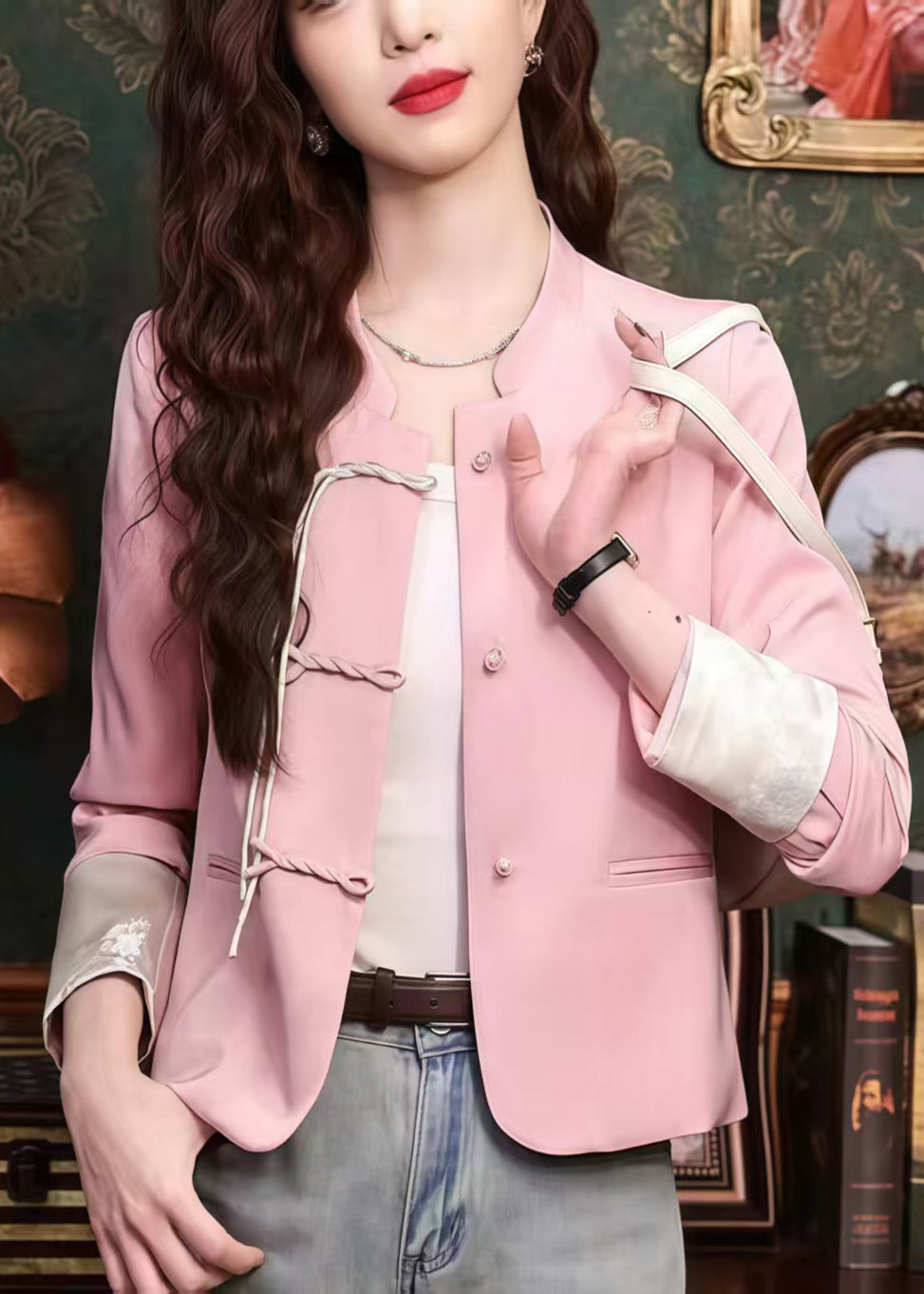 Veste rose en soie élégante avec pompons pour femme - EasyApparels