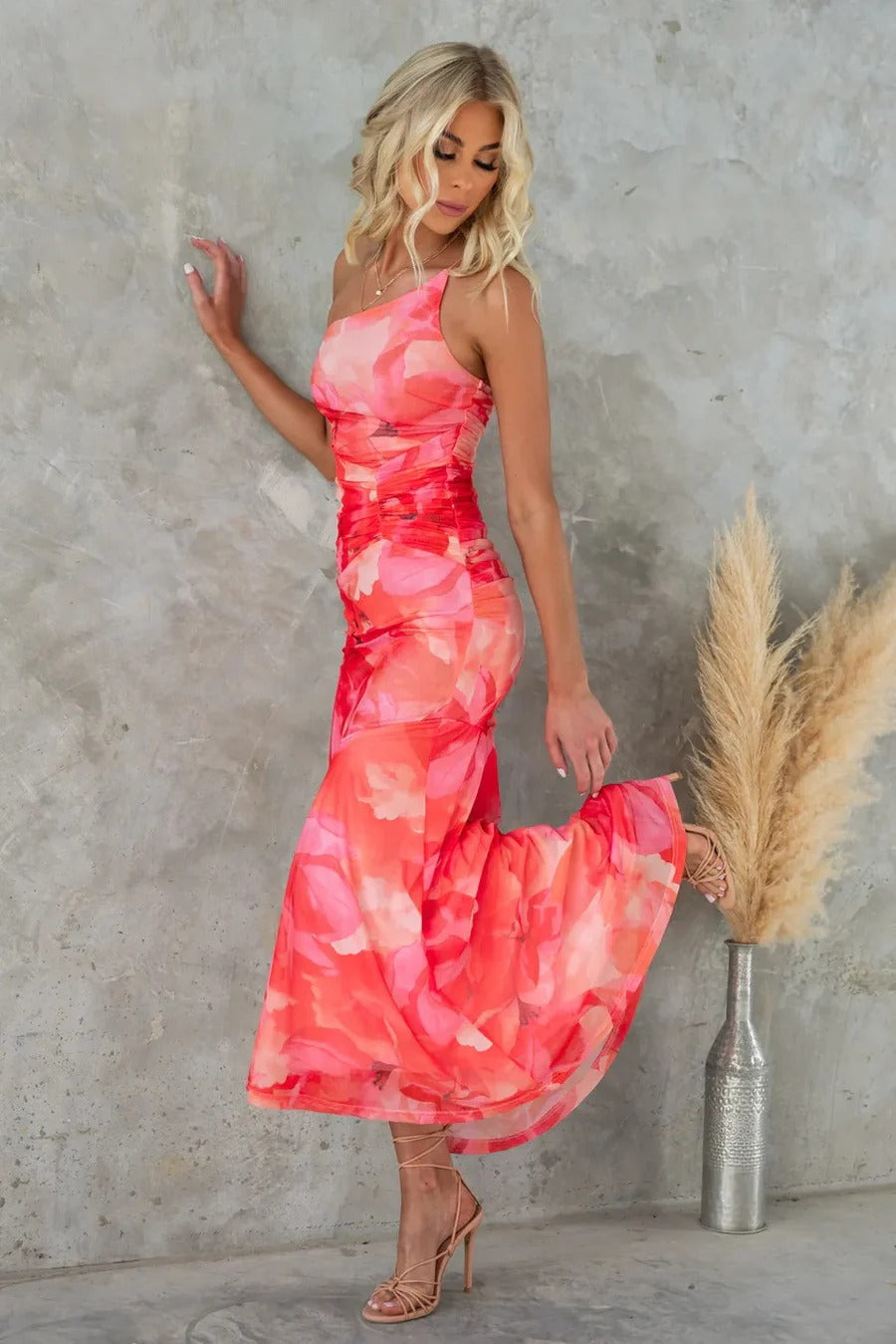 Robe Longue Fleurs Élégante pour Femme - Robe Asymétrique Une Épaule Chic