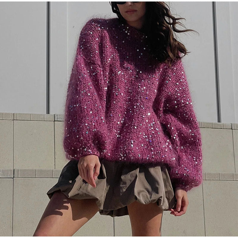 Pull Femme Élégant Hiver Paillettes Manches Longues