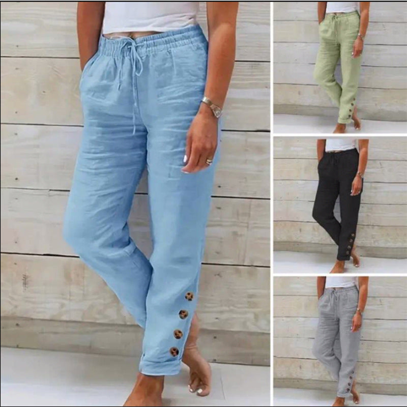 Pantalon Femme Coton Léger Taille Élastique Boutons Décoratifs