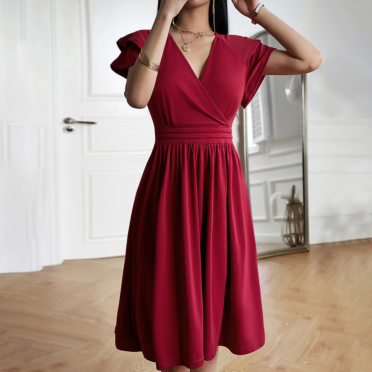 Eleganza™ – Robe Midi Femme Élégante Col en V Flatteur Polyvalente-3