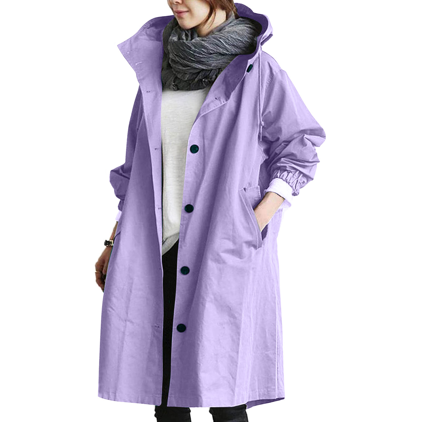 Veste Imperméable Longue Capuche Femme avec Fermeture Éclair