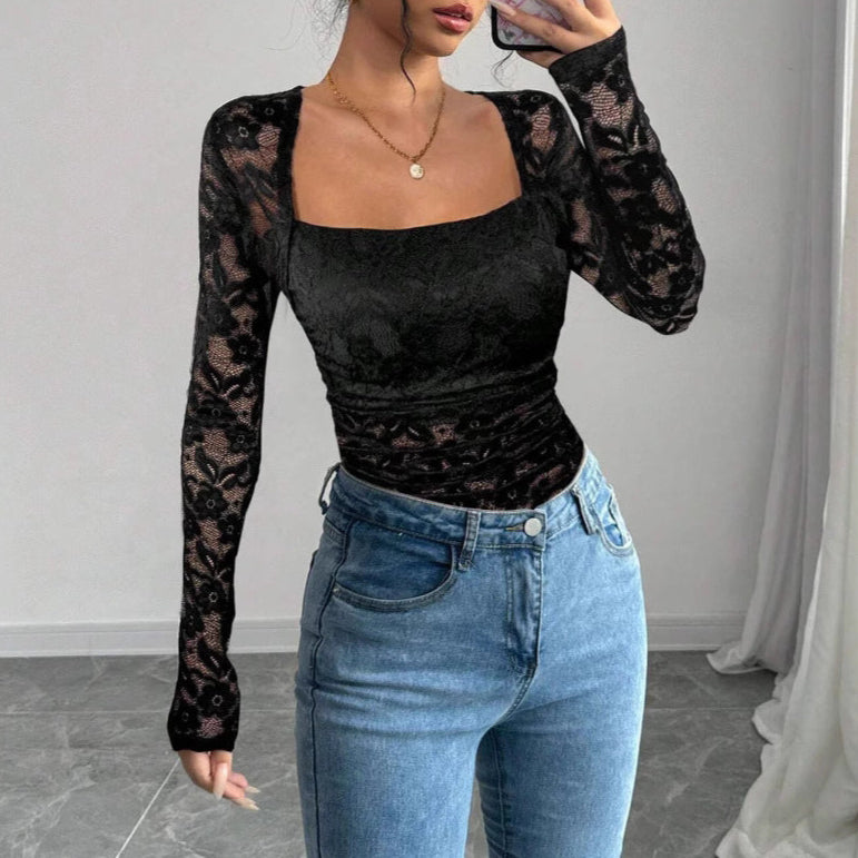 Top femme dentelle noir manches longues chic - PanierRoyale