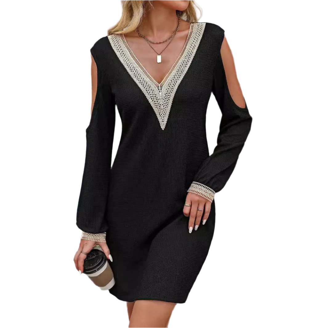 Robe Femme Noire Chic Manches Longues en Dentelle Féminine - PanierRoyale