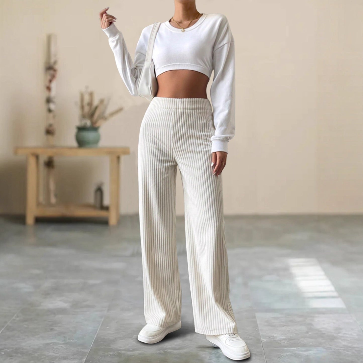 Pantalon Femme Rayé Élégant Taille Haute pour Automne → Pantalon Femme à Rayures Chic et Confortable - PanierRoyale