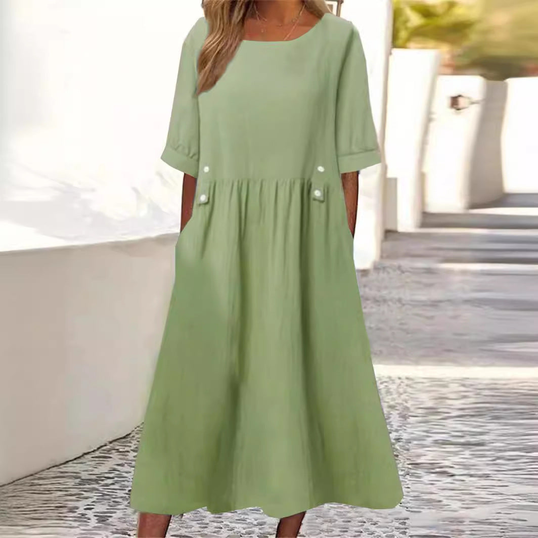 Robe Mi-Longue Femme Coton Lin Col Rond Manches Courtes Coupe Ample