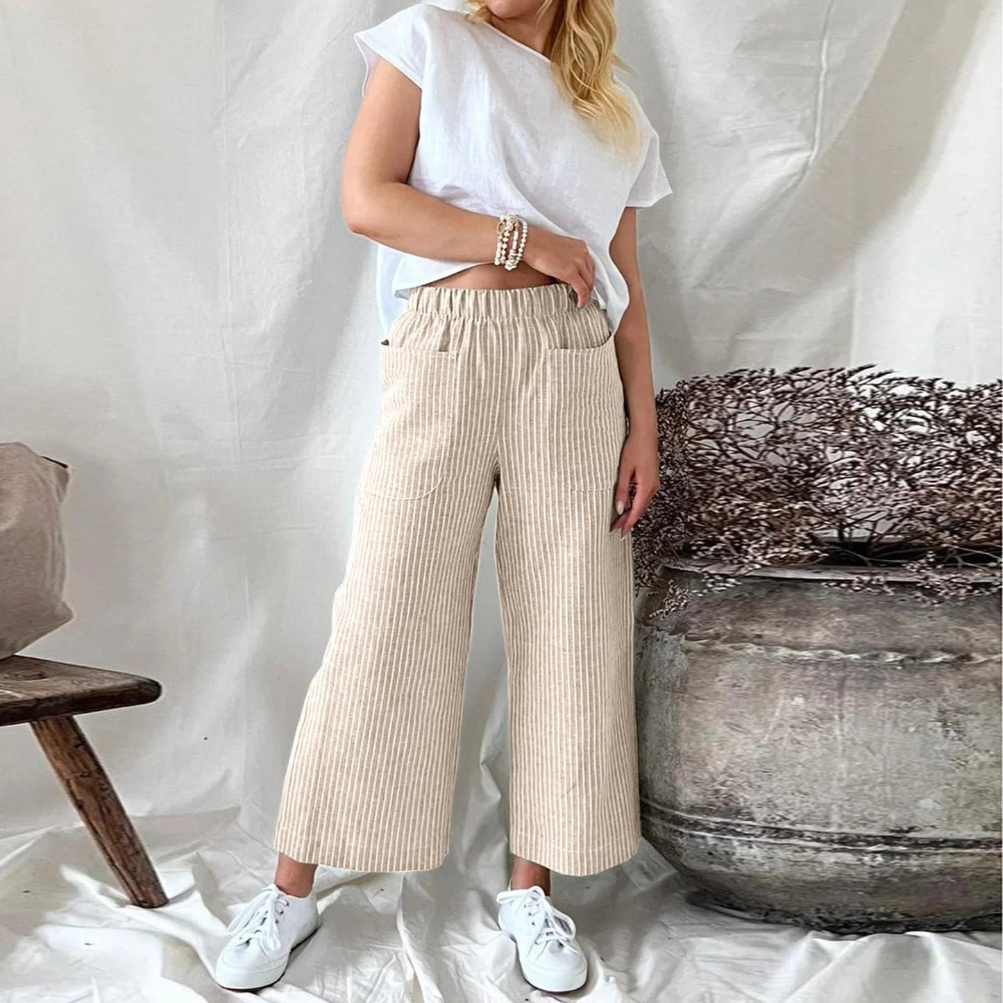 Pantalon Lin Femme Décontracté Rayures Mode