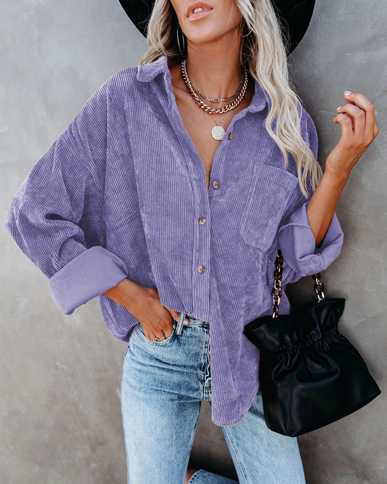 Chemise Féminine Élégante en Velours Doux avec Poche Devant