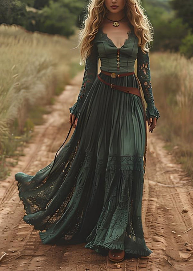 Robe vert patchwork coton décontractée printanière - EasyApparels