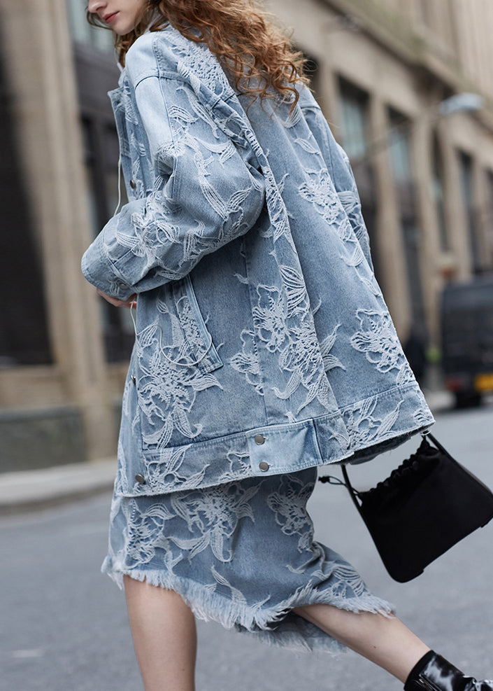 Veste et jupe en jean brodé bleu pour femme automne - EasyApparels
