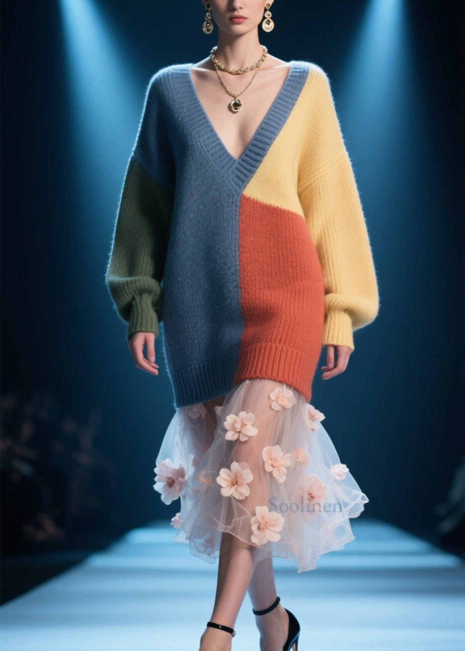 Robe pull en tricot à col en V et motifs colorés pour femme - EasyApparels